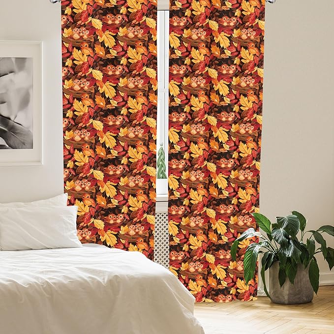 Ambesonne Fall Curtains, Happy Autumnal Colors with Birds in Nests Cartoon Illustration Print, Window Treatments 2 Panel Set for Living Room Bedroom, Pair of - 28" x 84", Cinnamon Amber and Orange