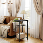 Hoctieon 2-Set 3 Tier End Table, Telephone Table Set of 2, Tall Side Table with Storage Set of 2, Small Nightstand for Small Spaces, Metal Frame, for Living Room, Bedroom, Sofa Couch, Black