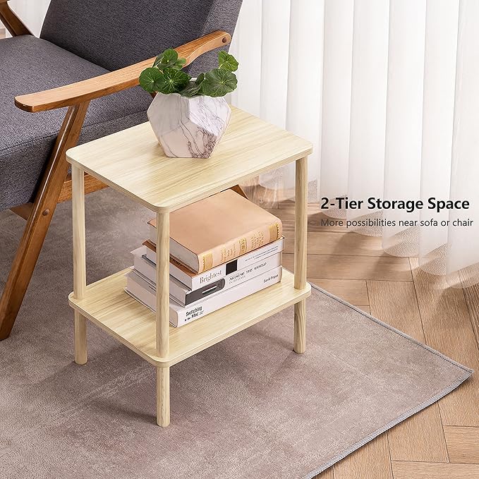 Apicizon 2 Tier End Table, Small Side Table with Solid Wood Legs, Boho Bedside Table with Storage Shelf, Nightstand for Small Spaces, Bedroom, Living Room, Entryway, Easy Assembly, Light Natural