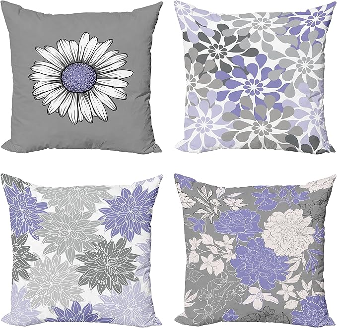 Ambesonne Floral Throw Pillow Cushion Case Pack of 4, Flower Petals Modern Color Palette Chamomile Peony Dahlia and Sunflower Print, Modern Accent Double-Sided Digital Printing, 20", Lavender and Grey