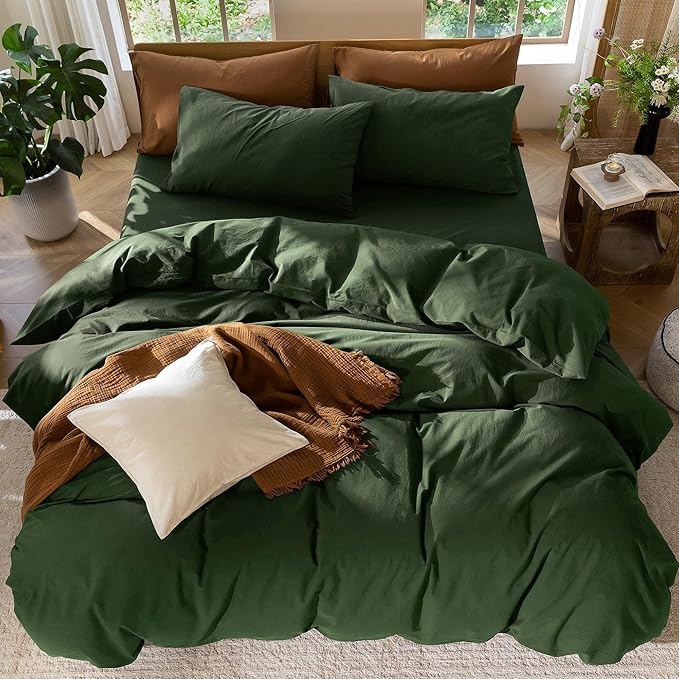 MooMee Bedding Duvet Cover Set 100% Washed Cotton Linen Like Textured Breathable Durable Soft Comfy (Solid Forest Green, Palatial King/Oversized King 120"x98")