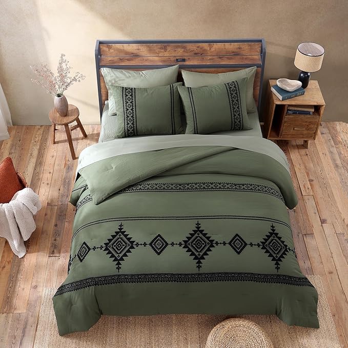 MaiRêve Oversized Queen Comforter Set Olive Green, Embroidery Western Bedding Set Boho 7 Pieces, Farmhouse All Season Bed in A Bag with Sheets, Pillowcases & Shams