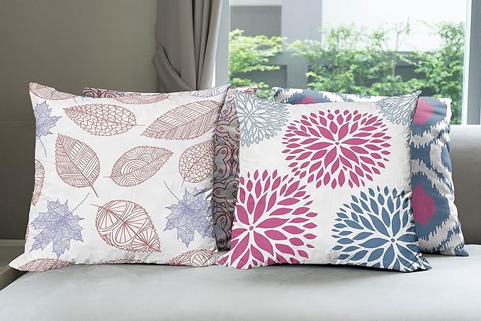 Ambesonne Vintage Throw Pillow Cushion Case Pack of 4, Bohemian Ornamental Leaves Dahlia Pattern Geometric Art Curlicue Motif, Modern Accent Double-Sided Digital Printing, 24", Pink and Dark Sky Blue