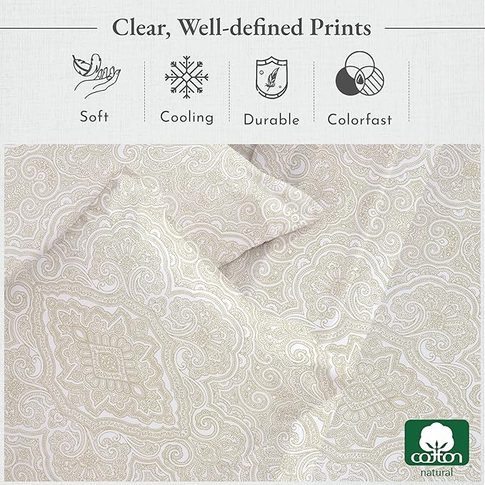 California Design Den Queen Sheet Set - 400 Thread Count Sateen, Deep Pocket Natural 100% Cotton Sheets, Deep Pocket Cooling and Durable Bedding - Paisley Pattern, Beige