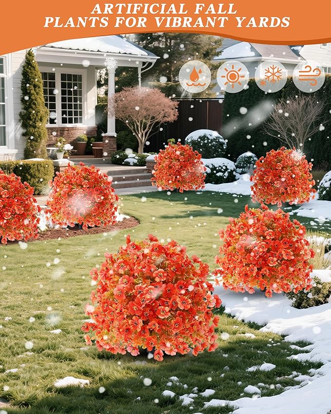 Artificial Mums Topiary Ball Tree With Flowers for Outdoors Fall Decor,23" Orange UV Resistant Fake Plants With Ground Spike Autumn Decorations for Home,Front Porch,Garden,Thanksgiving,Planters