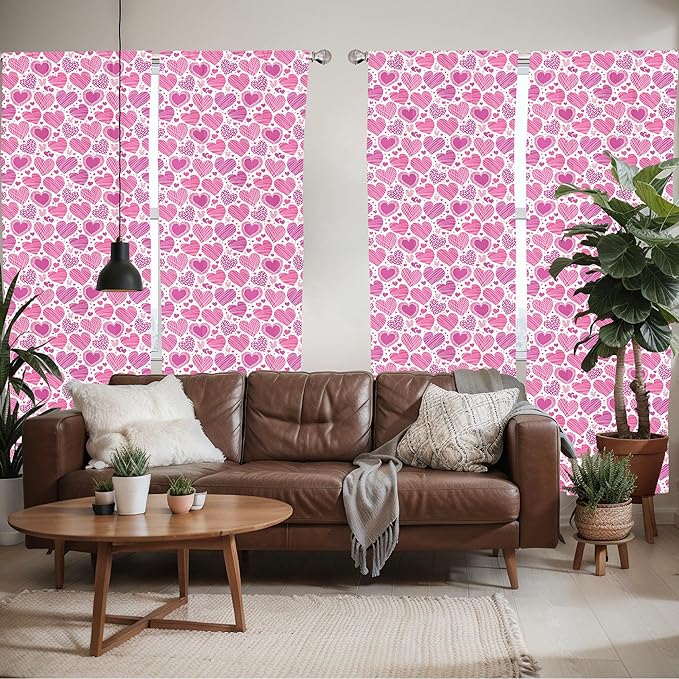 Ambesonne Valentines Window Curtains Pack of 2, Romantic Heart Shapes with Many Different Designs Polka Dots Crossed Lines, Lightweight Set with Rod Pocket, 4 Panels of - 28" x 84", Pink White