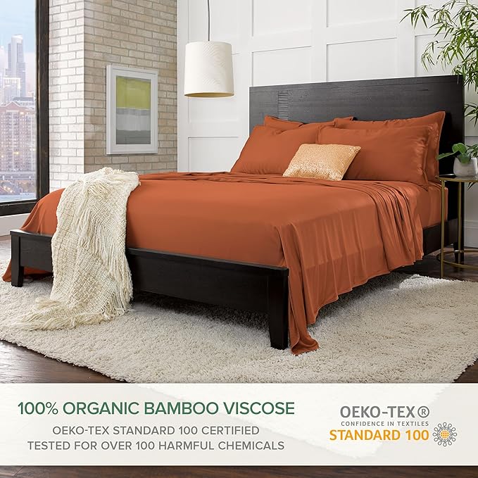 Full Sheets by Pure Bamboo, Genuine 100% Organic Viscose Derived from Bamboo Bed Sheet Set, Luxuriously Soft & Cooling, Double Stitching, Lifetime Quality Promise (Full, Terracotta)