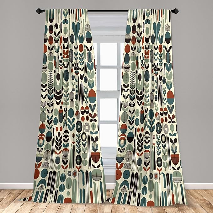 Ambesonne Leafy Art Curtains, Scandinavian Leaves Pattern with Geometric Roundy Modern Boho Print, Window Treatments 2 Panel Set for Living Room Bedroom, Pair of - 28" x 63", Pale Green Redwood Teal