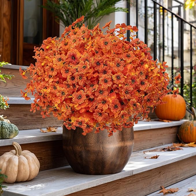 Artificial Fall Flowers Outdoor Fake Mums - 16 Bundles Fake Plants UV Resistant No Fade Faux Plastic Greenery Garden Porch Patio Fall Home Decor (Orangeyellow)