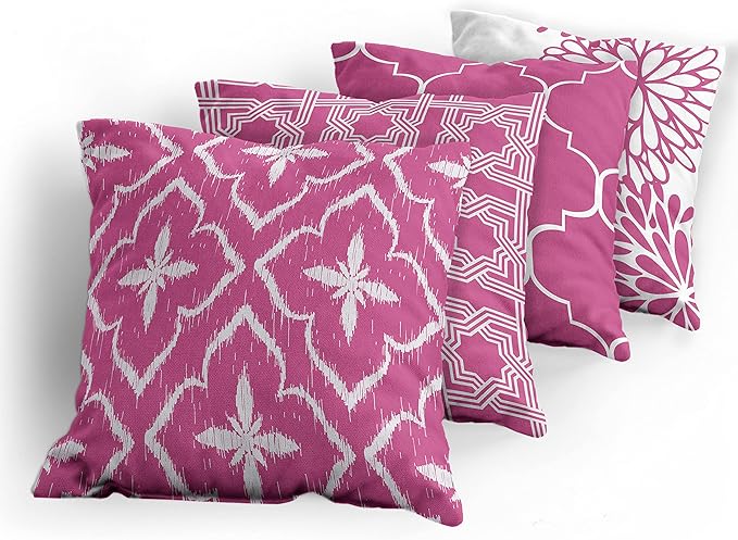 Ambesonne Vintage Throw Pillow Cushion Case Pack of 4, Monochrome Design Grid Trellis Quatrefoil Mesh and Dahlia Flowers Modern Print, Modern Accent Double-Sided Digital Printing, 18", Pink and White