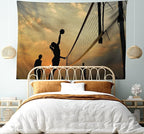 Lunarable Volleyball Tapestry, Beach Sports at Sunset Open Sky Net and Ball Activity Excitement Fun and Games, Wide Wall Hanging for Bedroom Living Room Dorm, 60" X 40", Black