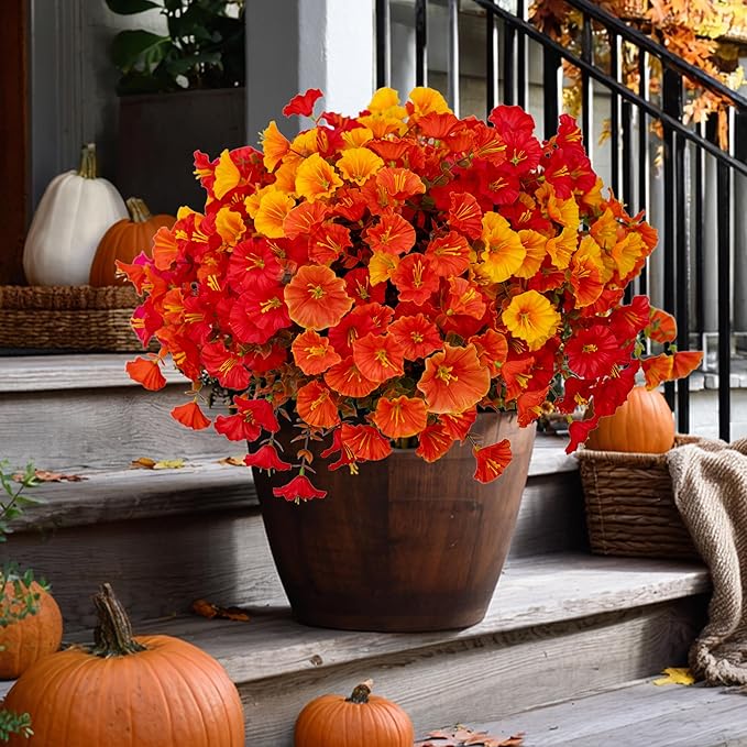 Artificial Fall Flowers Outdoor Fake Mums - 16 Bundles Fake Plants UV Resistant No Fade Faux Plastic Greenery Garden Morning Glory Home Decor (1, MixedFall 4 Colors)
