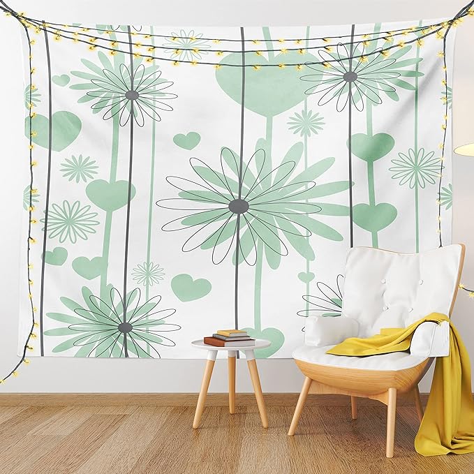 Lunarable Hearts Tapestry, Floral Abstract Striped Background Soft Color Daisies Nature Flourish, Wide Wall Hanging for Bedroom Living Room Dorm, 60" X 40", Mint Green Charcoal Grey