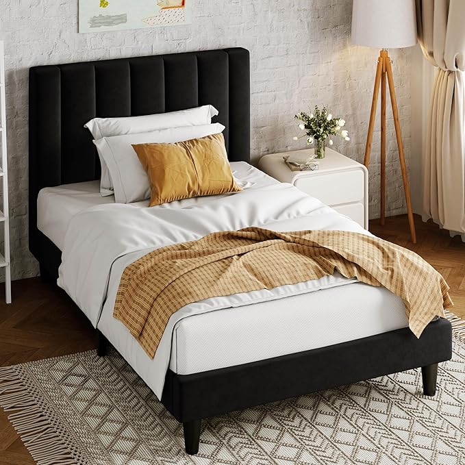 Allewie Twin Bed Frame/Velvet Upholstered Bed Frame with Vertical Channel Tufted Headboard/Strong Wooden Slats/Platform Bed Frame/Mattress Foundation/Box Spring Optional/Easy Assembly/Black