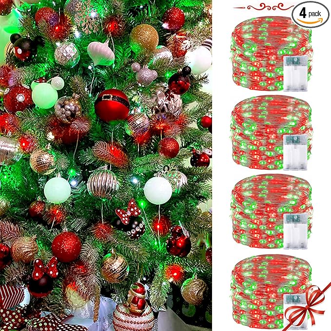 4 Pack Red and Green Christmas String Lights, Each 20FT 60 LED Fairy Lights Battery Operated with Timer, Waterproof Twinkle Lights for Outdoor and Indoor Bedroom Home Yard Patio Christmas Decorations