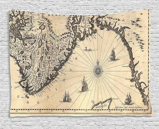 Ambesonne World Map Tapestry, Map of Southern Part of The Norway Vikings World Old Scandinavian Land, Wide Wall Hanging for Bedroom Living Room Dorm, 80" X 60", Cream Grey