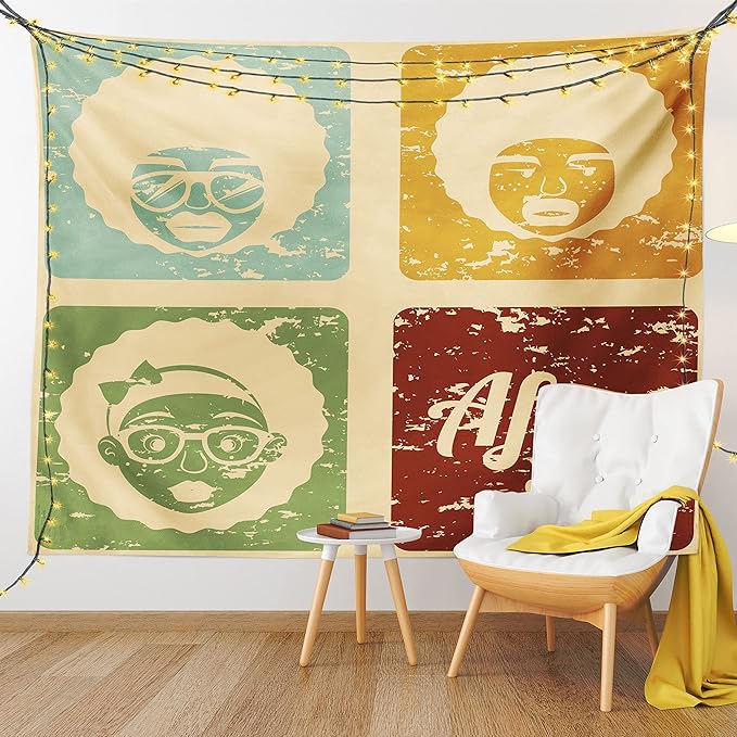 Lunarable Afro Tapestry Twin Size, Pop Art Style Disco Themed Arrangement Retro Dance Fever American Culture, Wall Hanging Bedspread Bed Cover Wall Decor, Twin Size, Yellow Blue