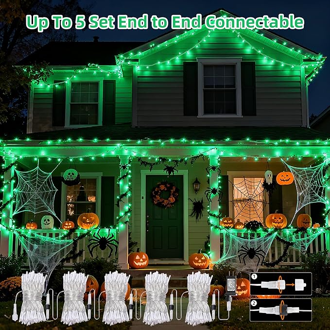 66Ft 200LED Green Christmas Tree Lights Plug in,Connectable Green HalloweenLights,8 Modes String Lights Indoor Outdoor for Party Bedroom Garden Decor (Clear Wire)