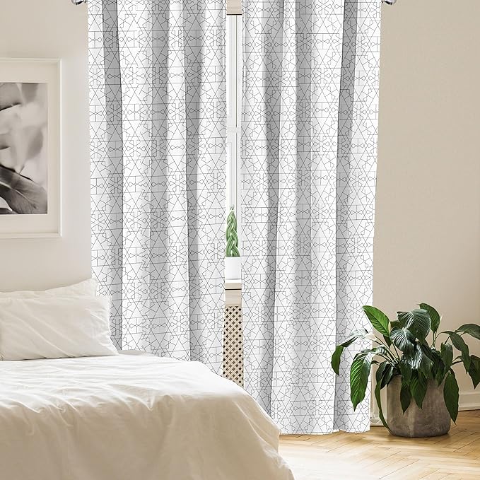 Ambesonne Geometric Window Curtains, Continuous Pattern with Abstract Concave Shapes and Triangles Print, Lightweight Decor 2-Panel Set with Rod Pocket, Pair of - 28" x 84", Charcoal Grey and White