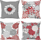 Ambesonne Floral Throw Pillow Cushion Case Pack of 4, Flower Petals Modern Color Palette Chamomile Peony Dahlia and Sunflower Print, Modern Accent Double-Sided Digital Printing, 16", Grey Dark Pink