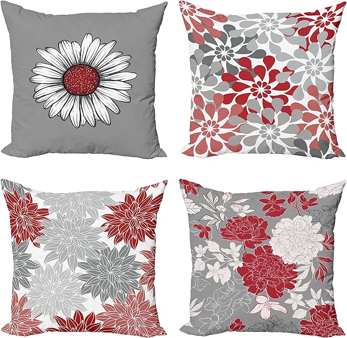 Ambesonne Floral Throw Pillow Cushion Case Pack of 4, Flower Petals Modern Color Palette Chamomile Peony Dahlia and Sunflower Print, Modern Accent Double-Sided Digital Printing, 16", Grey Dark Pink