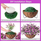 Artificial Silk Flowers Hanging Basket for Outdoor Indoor, Daisy with Eucalyptus Leaves Arrangement for Garden Yard Spring Decor, Faux Green Plant in Metal Coconut Lining Pot(Purple Pink)