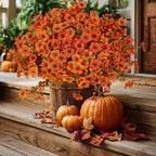 Artificial Fall Flowers Outdoor Fake Mums - 16 Bundles Fake Plants UV Resistant No Fade Faux Plastic Greenery Garden Porch Patio Fall Home Decor (Orangegreen)