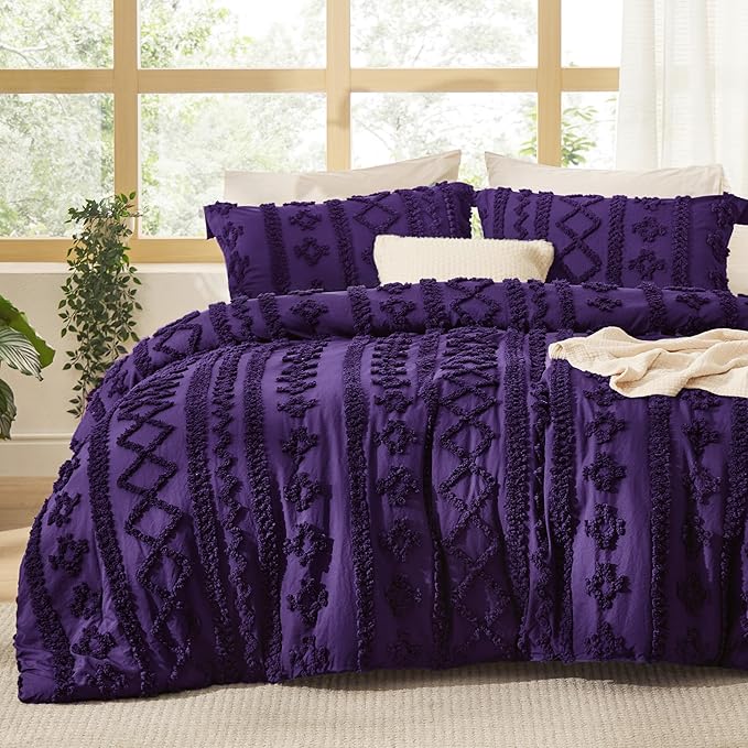 Bedsure Tufted Boho Comforter Set Queen Size - Purple Boho Bed Set, GentleSoft™ 3 Pieces Farmhouse Shabby Chic Embroidery Bedding, Gifts for Woman, Soft Jacquard Queen Comforter for All Seasons