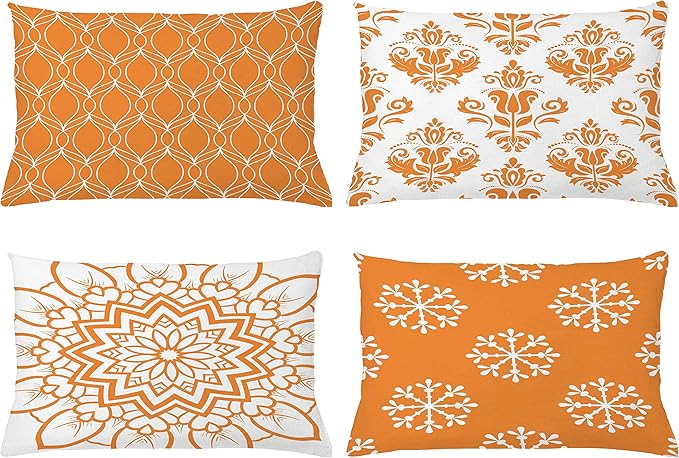 Ambesonne Retro Throw Pillow Cushion Case Pack of 4, Trellis Grid Medieval Floral Damask Mandala Flower Ornament in Modern Monochrome, Modern Accent Double-Sided Printing, 20" x 12", Burnt Orange