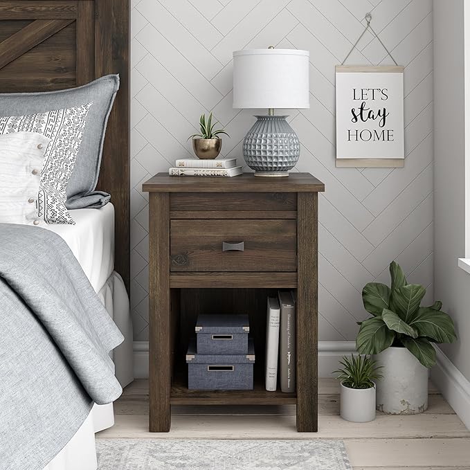 Ameriwood Home Farmington Country Style Nightstand with Barn Door Design, Concealed Drawer and Open Cubby, Textured Weathered Medium Brown Finish