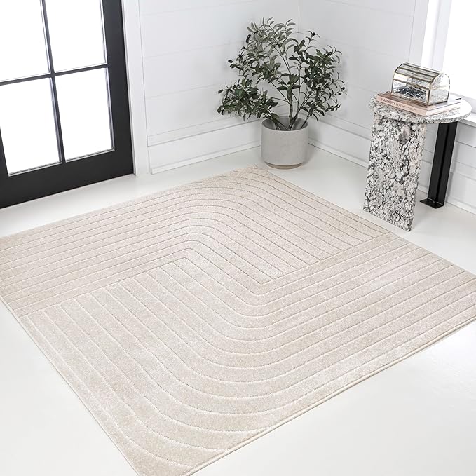Eyely NCS101A-6SQ Scandinavian Odense Minimalist Angle Geometric Indoor Rug, Pet Friendly, Non-Shedding, Stain Resistant, Easy-Cleaning, Ivory/Cream, 6' Square, Indoor/Outdoor, Area Rug