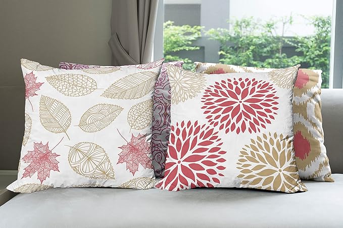 Ambesonne Vintage Throw Pillow Cushion Case Pack of 4, Bohemian Ornamental Leaves Dahlia Pattern Geometric Art Curlicue Motif, Modern Accent Double-Sided Digital Printing, 20", Dark Pink and Camel