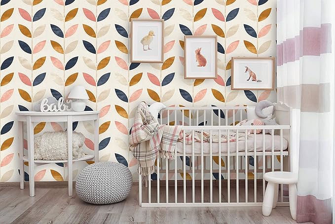 Removable Peel 'n Stick Wallpaper, Self-Adhesive Wall Mural, Rose Gold Blue Floral Pattern, Nursery Baby’s Room Decor • Scandinavian Design (24"W x 60"H Inches)