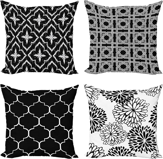 Ambesonne Vintage Throw Pillow Cushion Case Pack of 4, Monochrome Design Grid Trellis Quatrefoil Mesh and Dahlia Flowers Modern, Modern Accent Double-Sided Digital Printing, 24", Charcoal Grey White