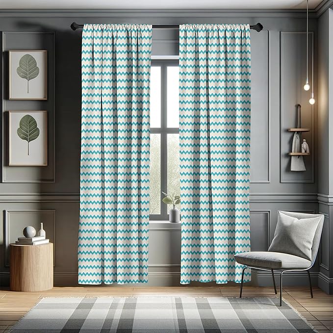 Ambesonne Teal Curtains, Horizontal Zigzag Lines Chevron Triangles Pattern Simple Classical Geometric Design, Window Treatments 2 Panel Set for Living Room Bedroom, Pair of - 28" x 63", Cream Teal