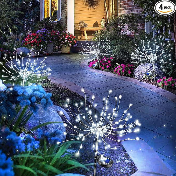 Anordsem Solar Garden Lights Outdoor: Bendable Copper Wire with 120 LED Firework Beads - Waterproof 2 White Lighting Modes for Yard Patio Path - Gardening Gifts for Homeowner Gardener