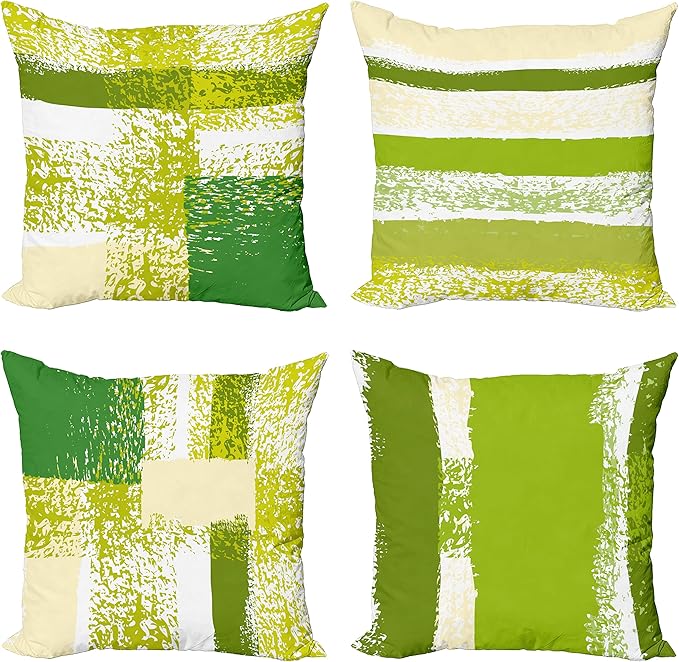 Ambesonne Grunge Throw Pillow Cushion Case Pack of 4, Abstract Design Simplistic Minimal Stripes Brushstrokes Contemporary, Modern Accent Double-Sided Digital Printing, 18", Lime Green Cream and White