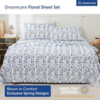 DREAMCARE Full Size Bed Sheets - Luxurious Floral Full Sheet Set - 4 Pc Ultra Soft Breathable Wrinkle Free Brushed Microfiber Floral Blue