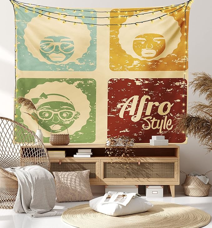 Lunarable Afro Tapestry Twin Size, Pop Art Style Disco Themed Arrangement Retro Dance Fever American Culture, Wall Hanging Bedspread Bed Cover Wall Decor, Twin Size, Yellow Blue