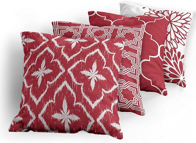 Ambesonne Vintage Throw Pillow Cushion Case Pack of 4, Monochrome Design Grid Trellis Quatrefoil Mesh and Dahlia Flowers Modern Print, Modern Accent Double-Sided Digital Printing, 18", Ruby and White
