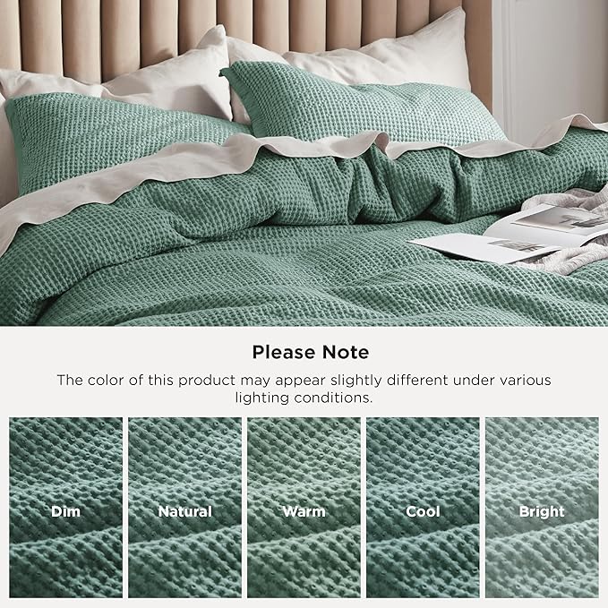 Bedsure Cotton Duvet Cover King - 100% Cotton Waffle Weave Green Duvet Cover King Size, GentleSoft™ and Breathable Bedding for All Season, 3 Pieces, 104"x90"