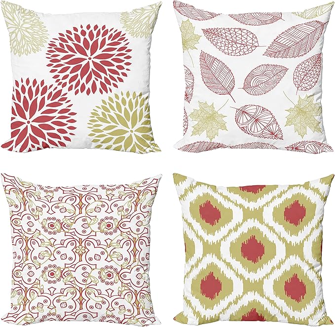 Ambesonne Vintage Throw Pillow Cushion Case Pack of 4, Bohemian Ornamental Leaves Dahlia Pattern Geometric Art Curlicue Motif, Modern Accent Double-Sided Digital Printing, 20", Dark Pink and Khaki