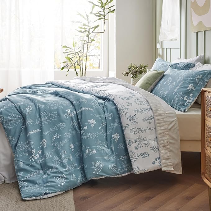 Bedsure Full Comforter Set - Mineral Blue Bed Set, 3 Pieces Cute Floral Bedding, 1 Soft Reversible Botanical Flowers Comforter and 2 Pillow Shams