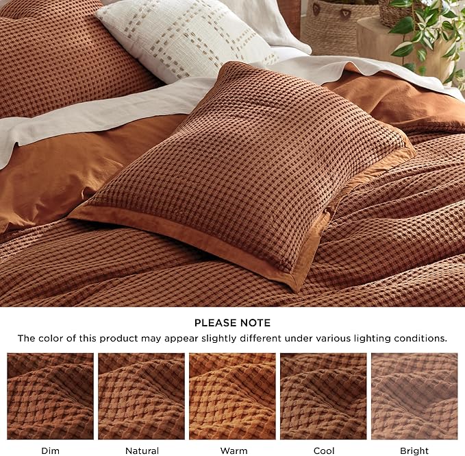 Bedsure Cooling Waffle Duvet Cover King - Cotton Blend Rayon Derived from Bamboo Duvet Cover Set for Hot Sleepers, Breathable Bedding Set with a Vintage Charm, 3 Pieces (Burnt Orange, King, 104"x90")