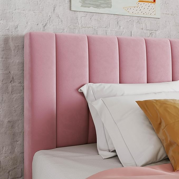 Allewie Twin Bed Frame/Velvet Upholstered Bed Frame with Vertical Channel Tufted Headboard/Strong Wooden Slats/Platform Bed Frame/Mattress Foundation/Box Spring Optional/Easy Assembly/Pink