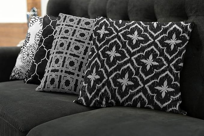 Ambesonne Vintage Throw Pillow Cushion Case Pack of 4, Monochrome Design Grid Trellis Quatrefoil Mesh and Dahlia Flowers Modern, Modern Accent Double-Sided Digital Printing, 24", Charcoal Grey White