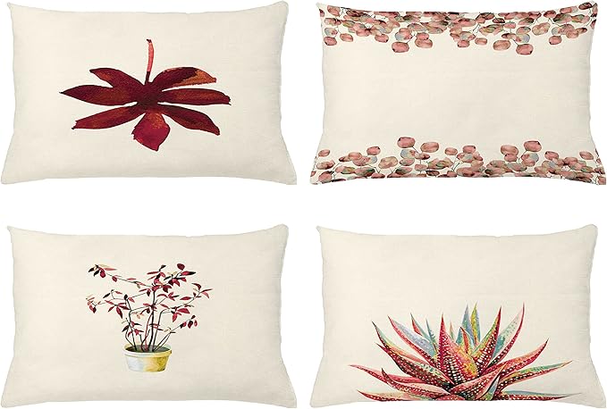 Ambesonne Botanical Throw Pillow Cushion Case Pack of 4, Minimalist Watercolor Painting Leaves Agave Branches Plant in a Pot, Modern Accent Double-Sided Printing, 20" x 12", Raspberry Dark Salmon