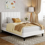 Allewie Twin Bed Frame/Velvet Upholstered Bed Frame with Vertical Channel Tufted Headboard/Strong Wooden Slats/Platform Bed Frame/Mattress Foundation/Box Spring Optional/Easy Assembly/White