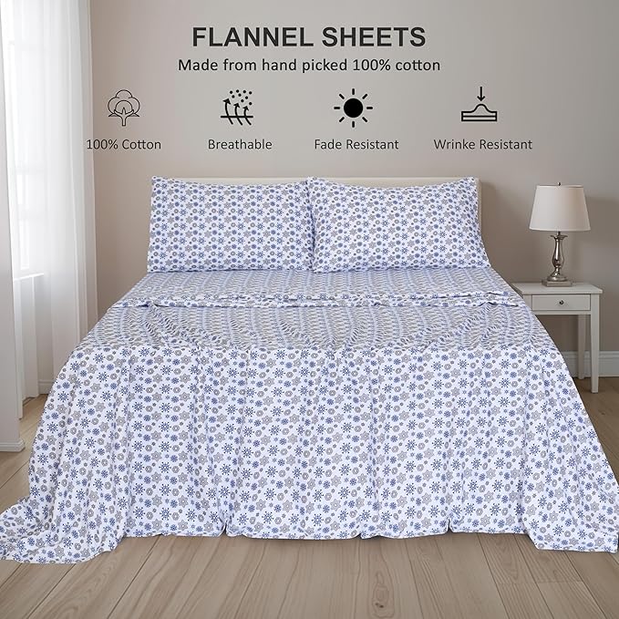 RUVANTI Flannel Sheets Full Size - 100% Cotton Double Brushed Bed Sheets Set, Deep Pockets 16 Inches, All Seasons Breathable & Extra Soft Full Sheets, Warm & Cozy, 4 Piece, Snow Flake Grey