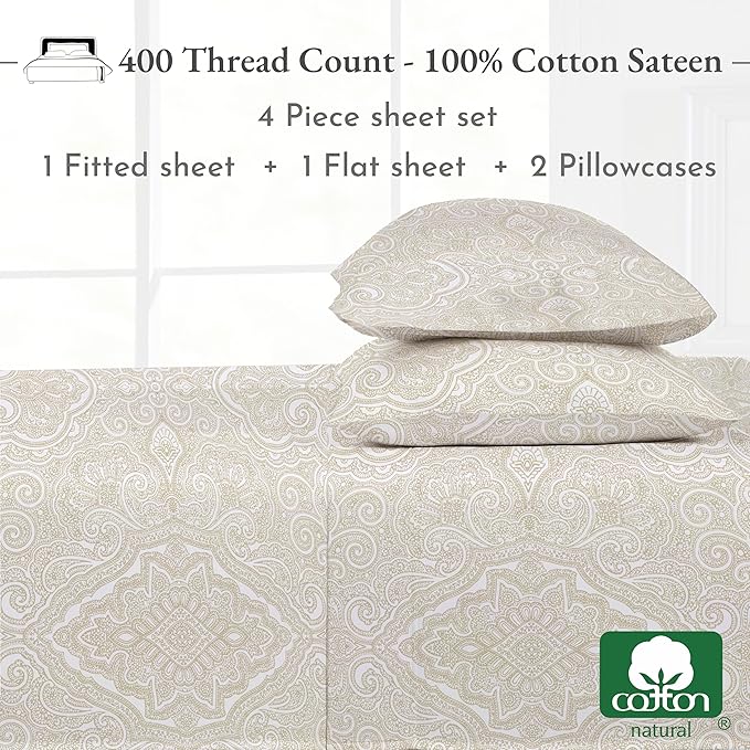 California Design Den Queen Sheet Set - 400 Thread Count Sateen, Deep Pocket Natural 100% Cotton Sheets, Deep Pocket Cooling and Durable Bedding - Paisley Pattern, Beige